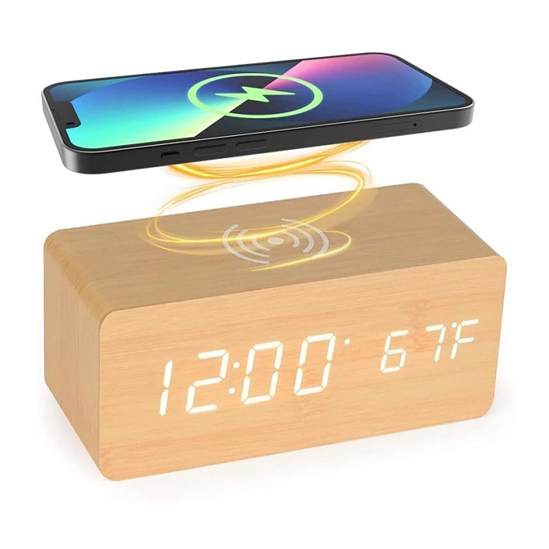 Wooden LED Alarm Clock with Wireless Charging and Voice Activation